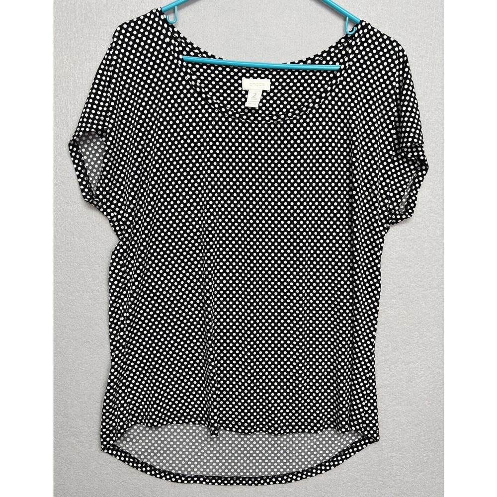 Chicos Traveler Black/White Polka Dot Scoop Neck Short Sleeve Top Size 2